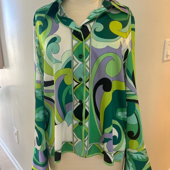 ZARA Green Multi-Print Tie-Front Button Shirt NWT looks like Pucci - Picture 4 of 6